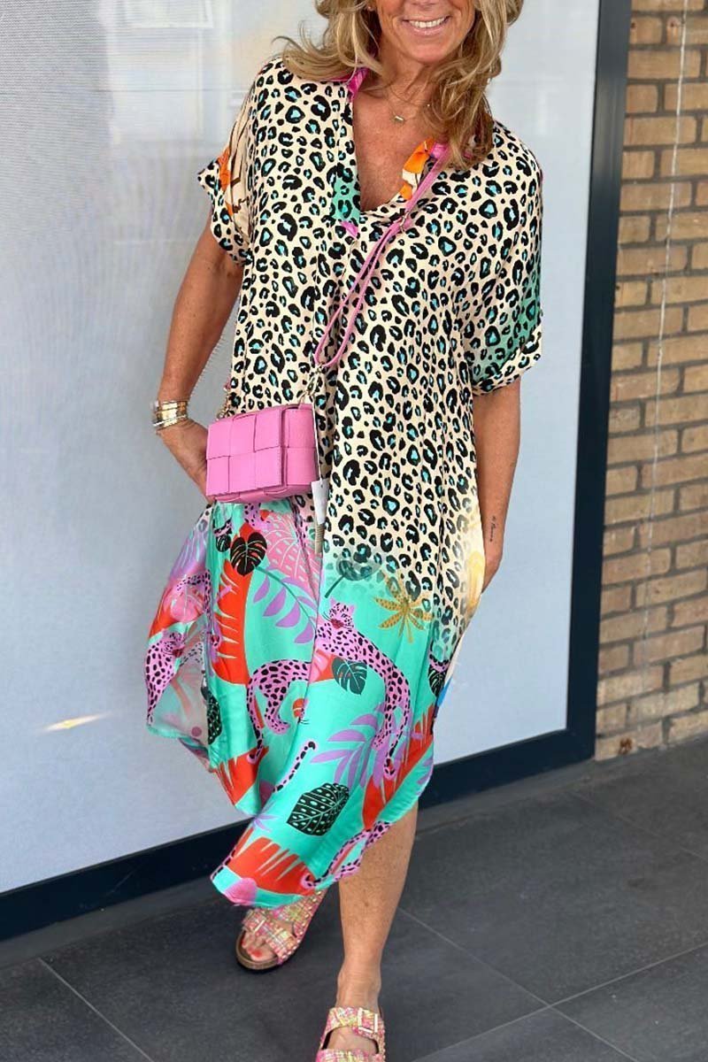 Plus Size Women's Leopard Pattern Short Sleeve Dress for Casual and Semi-Formal Occasions-1