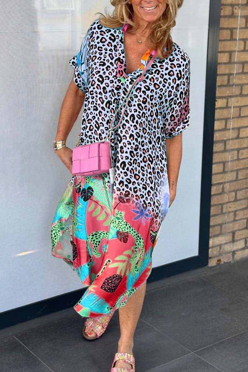 Variant image for Plus Size Women's Leopard Pattern Short Sleeve Dress for Casual and Semi-Formal Occasions-9
