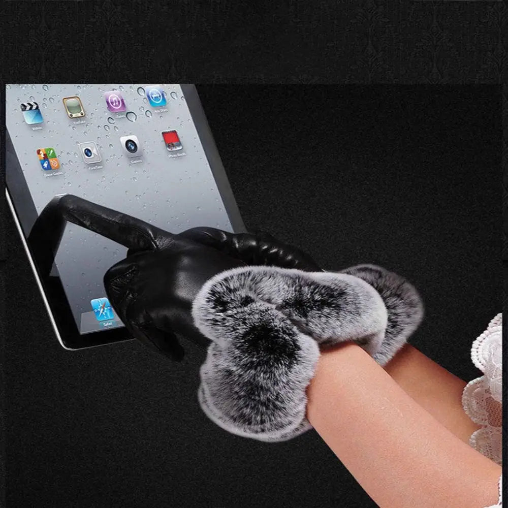 Women's Warm Leather Gloves - Faux Fur Cuff, Touchscreen