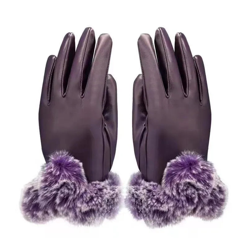 Women's Warm Leather Gloves - Faux Fur Cuff, Touchscreen