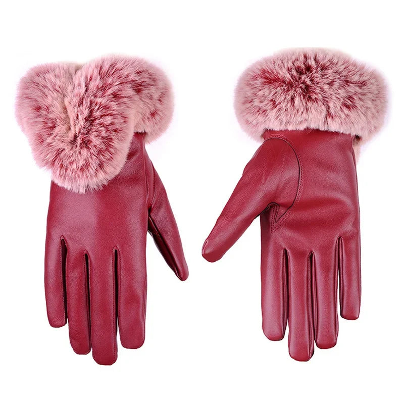 Women's Warm Leather Gloves - Faux Fur Cuff, Touchscreen