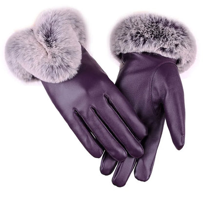 Women's Warm Leather Gloves - Faux Fur Cuff, Touchscreen