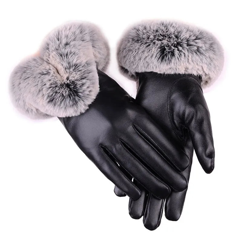 Women's Warm Leather Gloves - Faux Fur Cuff, Touchscreen