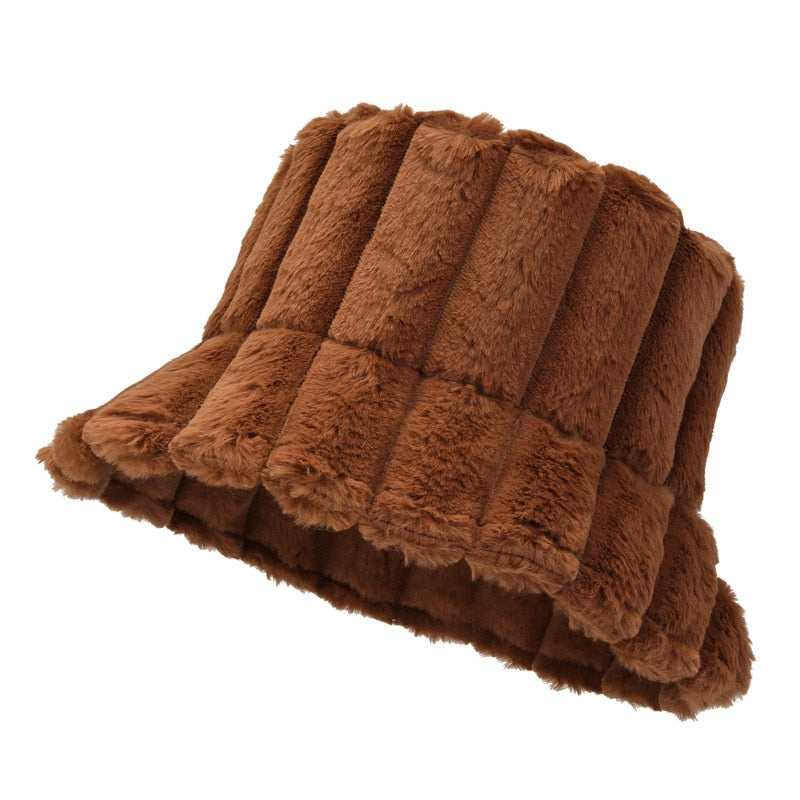 Cozy Warm Women Bucket Hat - Ribbed Faux Fur, For Winter