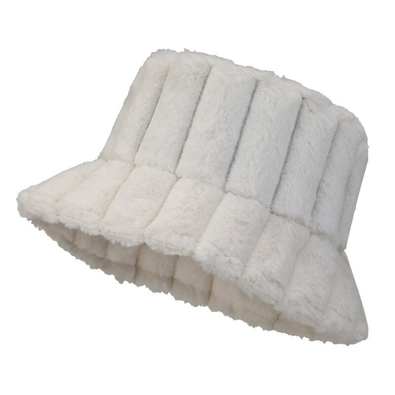 Cozy Warm Women Bucket Hat - Ribbed Faux Fur, For Winter