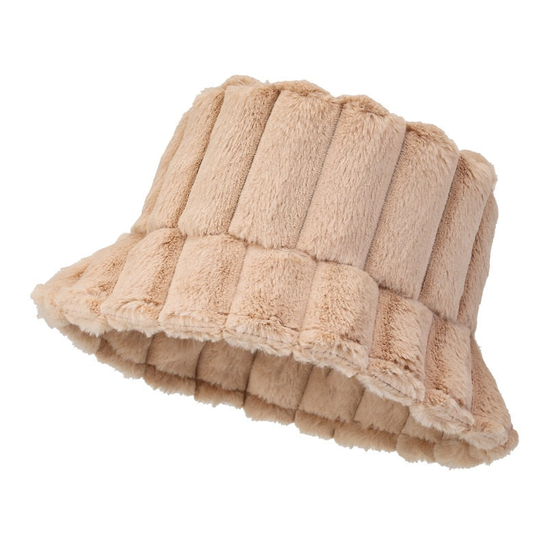 Cozy Warm Women Bucket Hat - Ribbed Faux Fur, For Winter