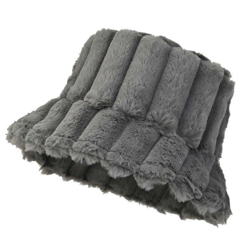Cozy Warm Women Bucket Hat - Ribbed Faux Fur, For Winter