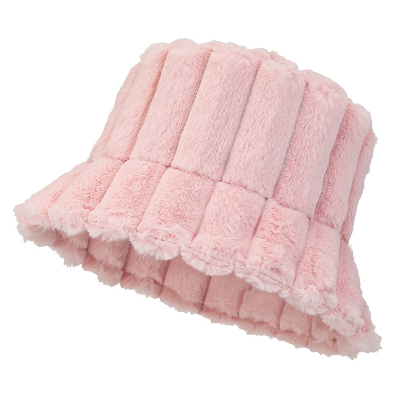 Cozy Warm Women Bucket Hat - Ribbed Faux Fur, For Winter