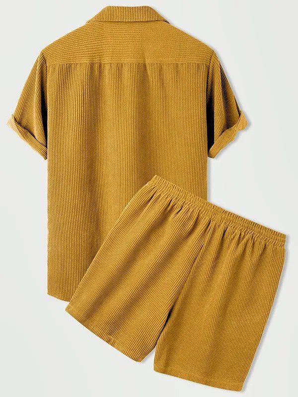 Luxury Velvet Men's Set - Short Sleeve Shirt and Matching Shorts in Elegant Ribbed Design-2