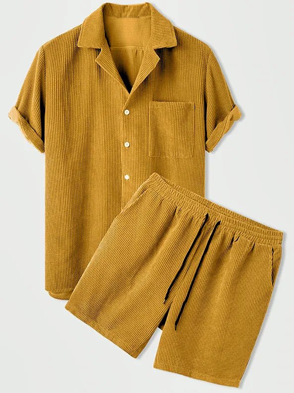Luxury Velvet Men's Set - Short Sleeve Shirt and Matching Shorts in Elegant Ribbed Design-1
