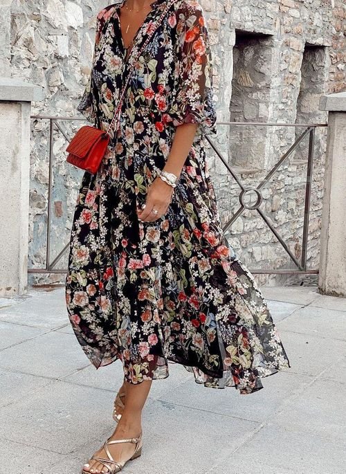 Comfortable Women's V-Neck Floral Dress for Spring and Summer - High-Quality Fabric, Normal Fit, Versatile Style-2