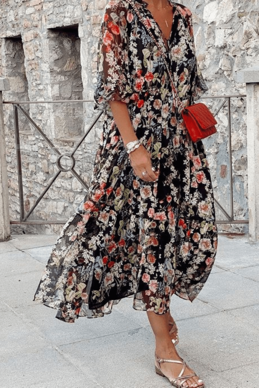 Comfortable Women's V-Neck Floral Dress for Spring and Summer - High-Quality Fabric, Normal Fit, Versatile Style-3