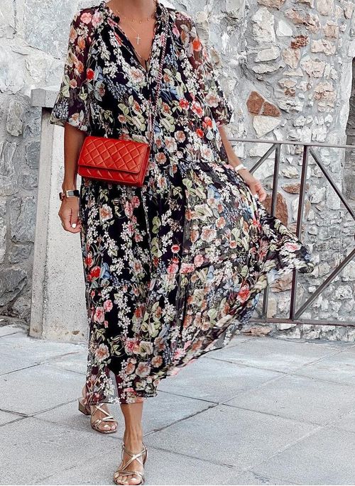 Comfortable Women's V-Neck Floral Dress for Spring and Summer - High-Quality Fabric, Normal Fit, Versatile Style-1