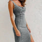 Washed Denim Midi Dress with Adjustable Straps, Bodycon Fit, Side Slit, Deep Circular Neckline for Women-1