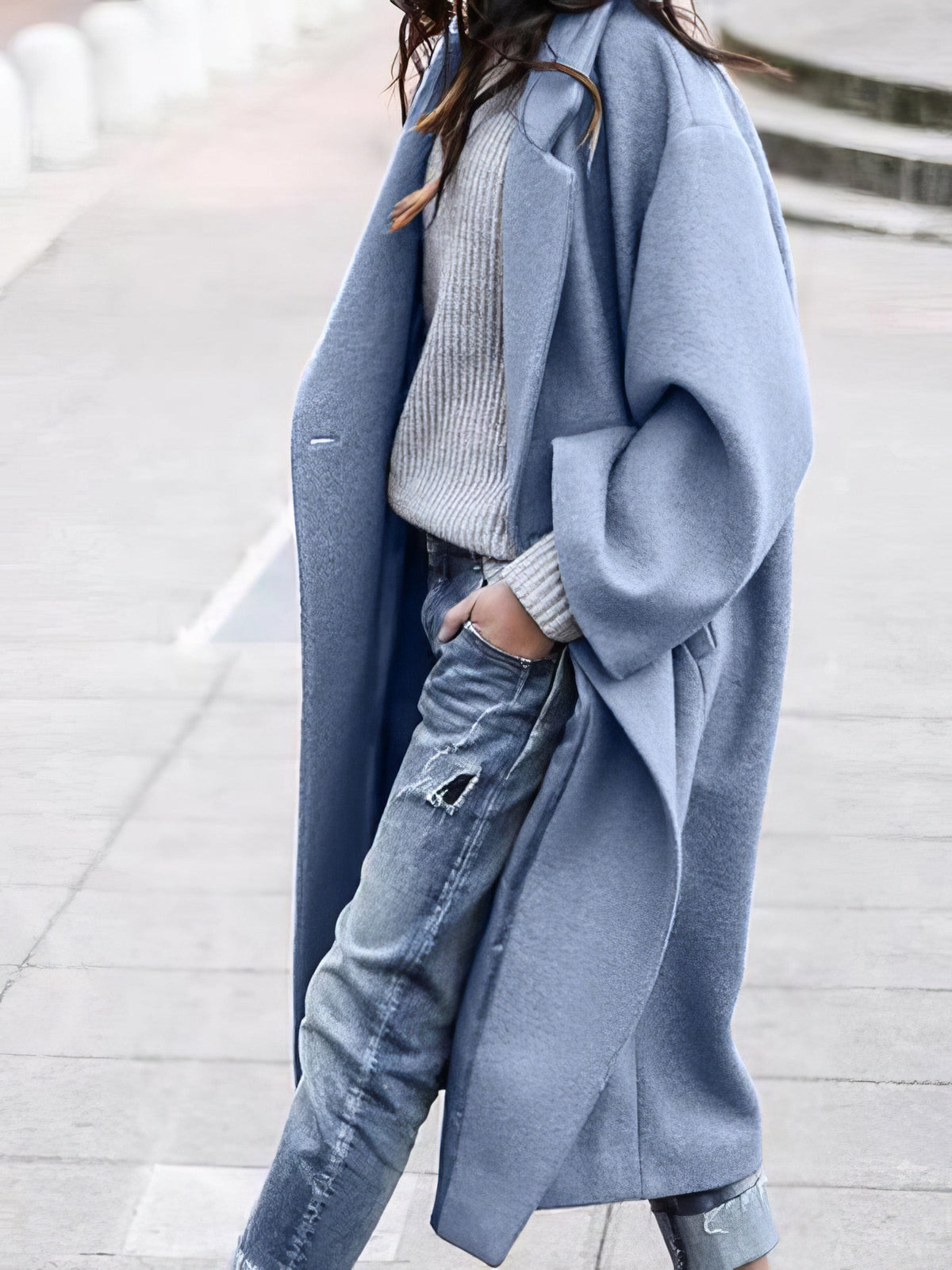 Women Oversized Long Winter Coat - Relaxed Wool, For Cold