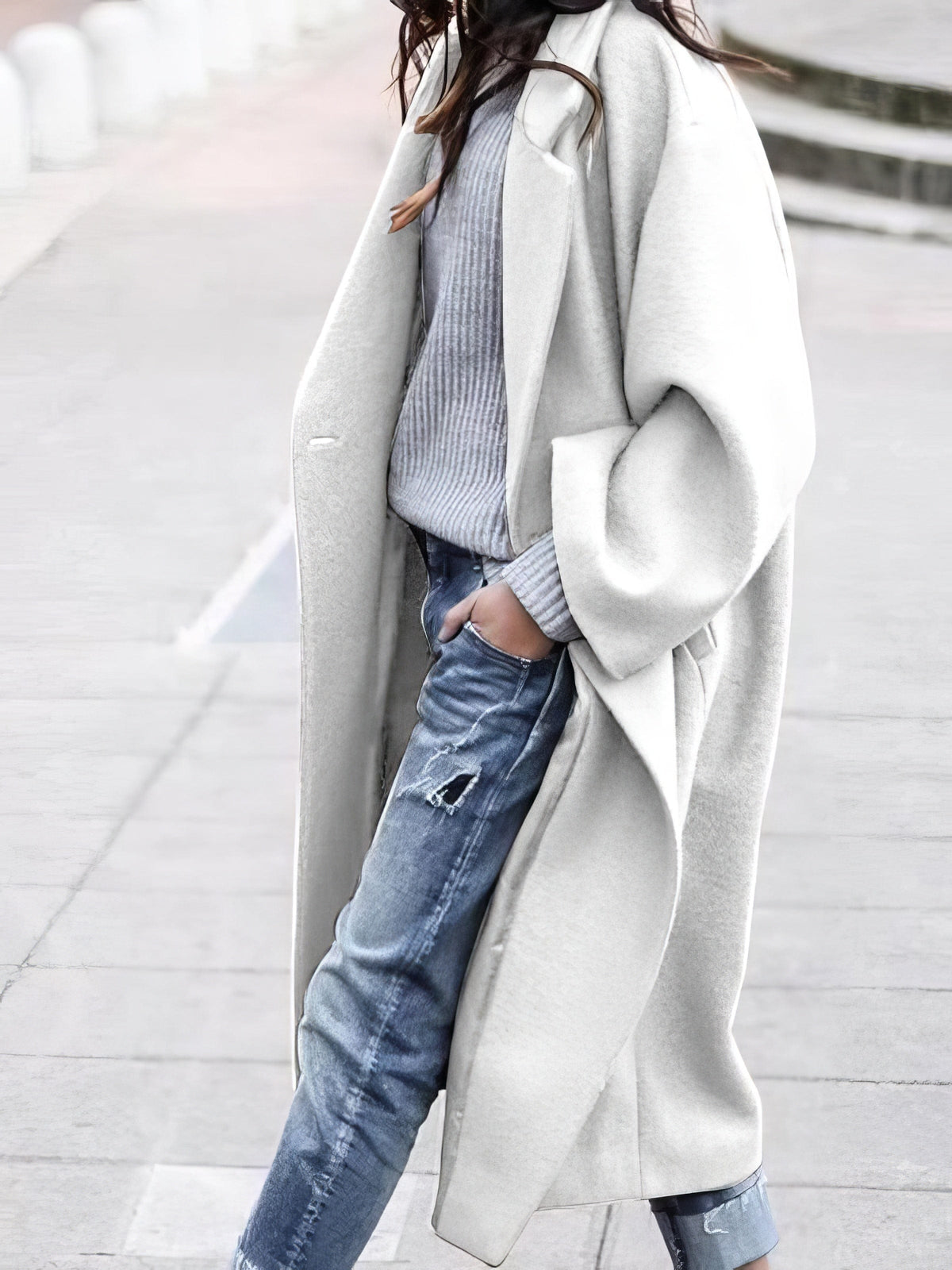 Women Oversized Long Winter Coat - Relaxed Wool, For Cold