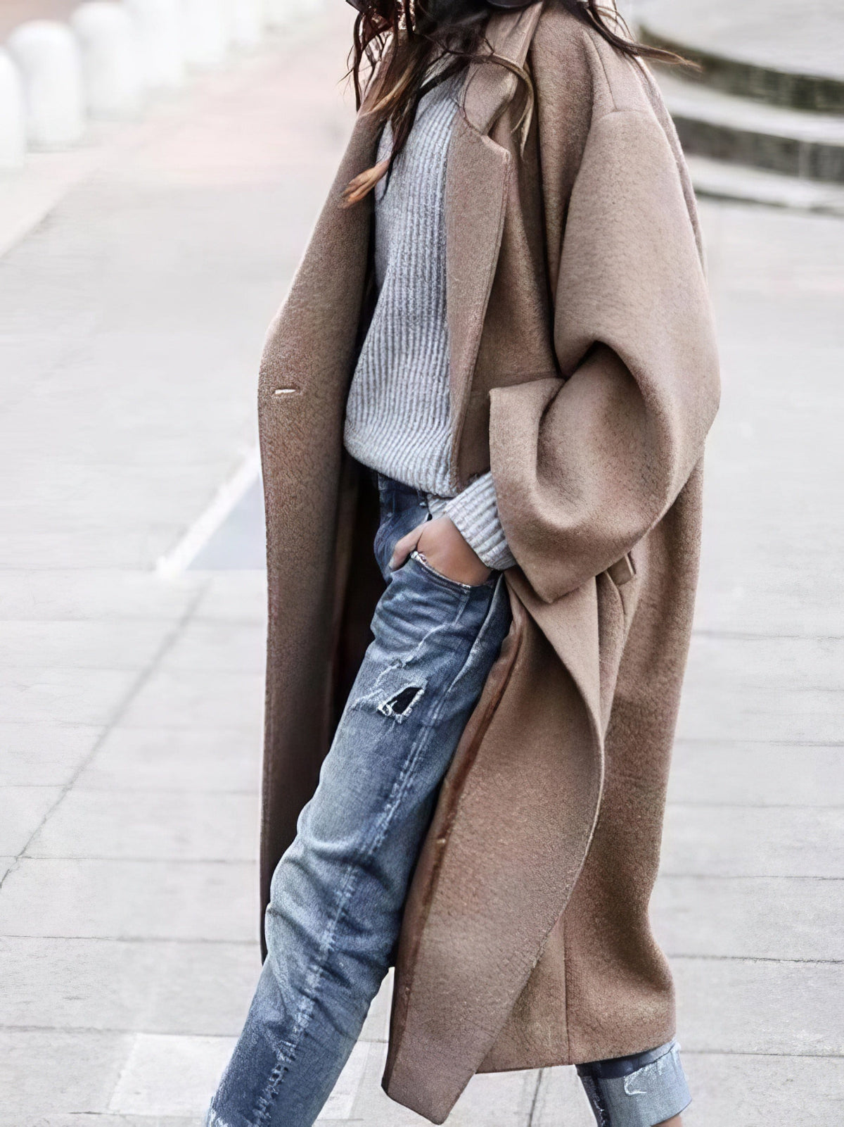 Women Oversized Long Winter Coat - Relaxed Wool, For Cold