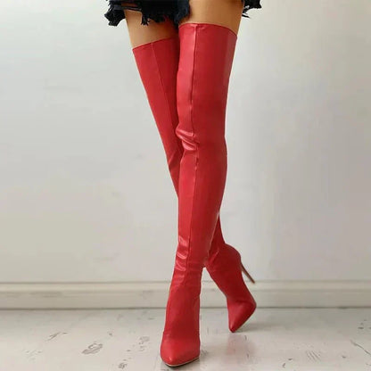 Women Fitted Thigh-High Stiletto Boots - Leather, Evening
