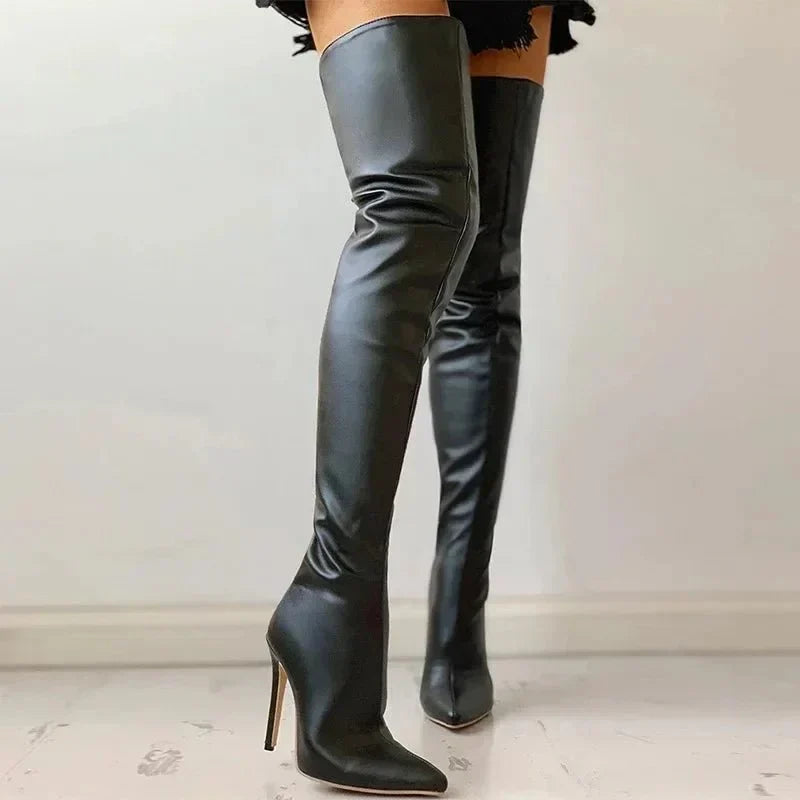 Women Fitted Thigh-High Stiletto Boots - Leather, Evening