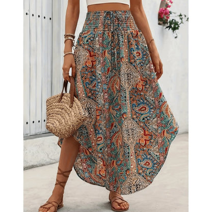 Variant image for Bohemian Multicolored Maxi Skirt for Women, Paisley Print, Elastic Waistband, Flowy Long Skirt, Comfortable Summer Wear-1
