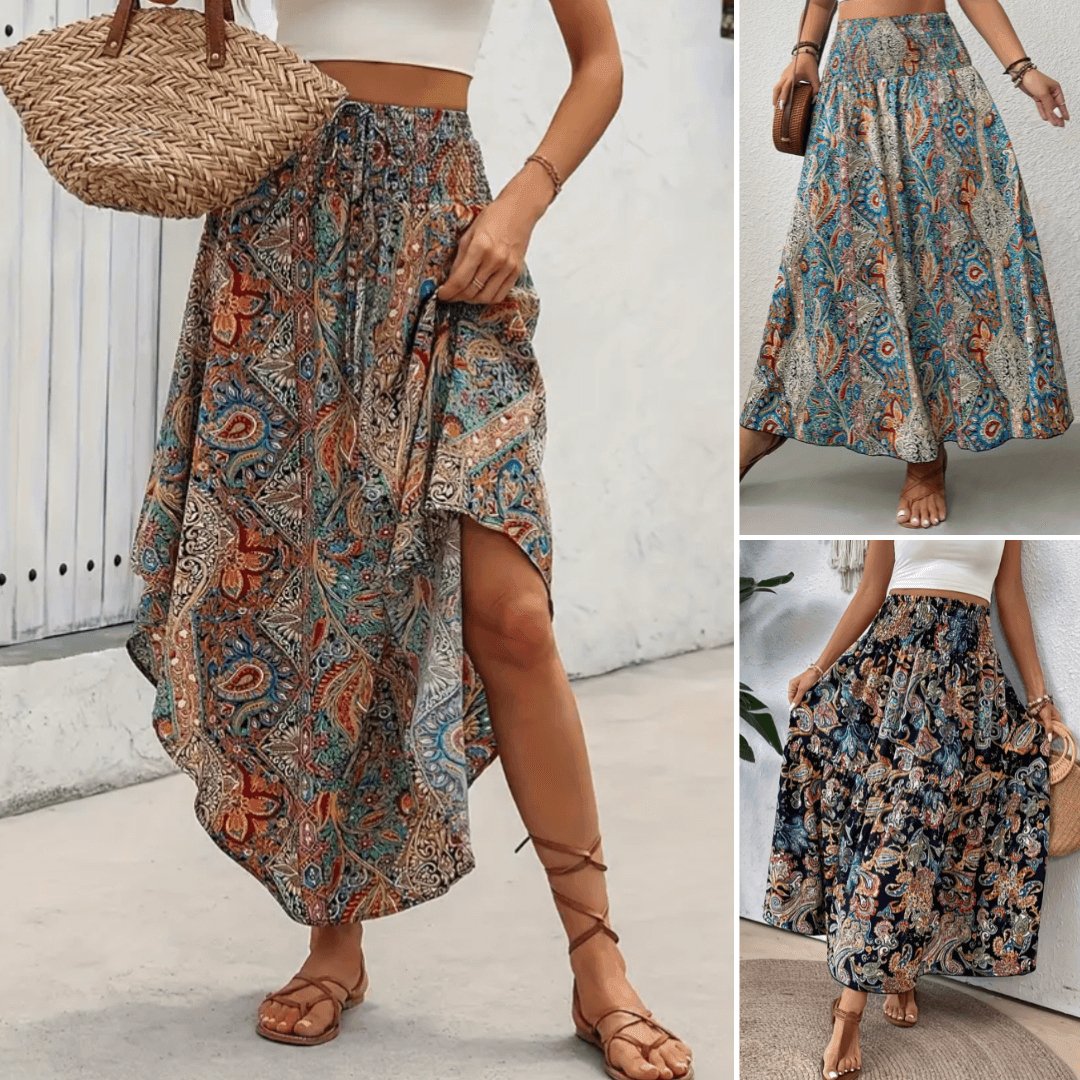 Bohemian Multicolored Maxi Skirt for Women, Paisley Print, Elastic Waistband, Flowy Long Skirt, Comfortable Summer Wear-5