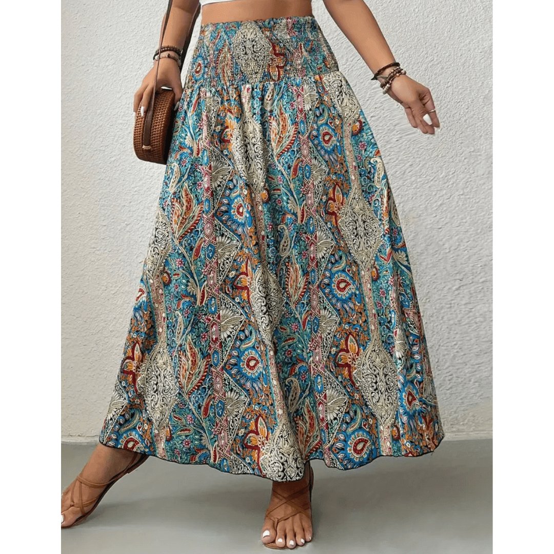 Variant image for Bohemian Multicolored Maxi Skirt for Women, Paisley Print, Elastic Waistband, Flowy Long Skirt, Comfortable Summer Wear-6