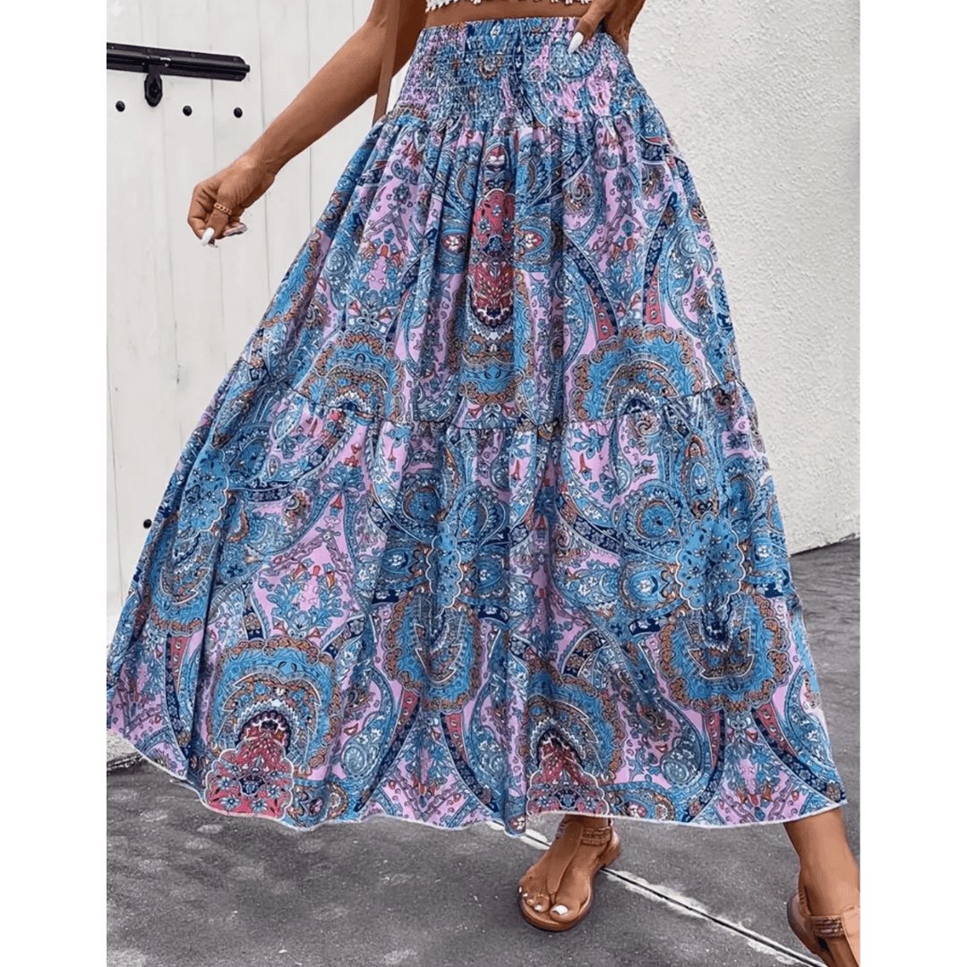 Variant image for Bohemian Multicolored Maxi Skirt for Women, Paisley Print, Elastic Waistband, Flowy Long Skirt, Comfortable Summer Wear-11