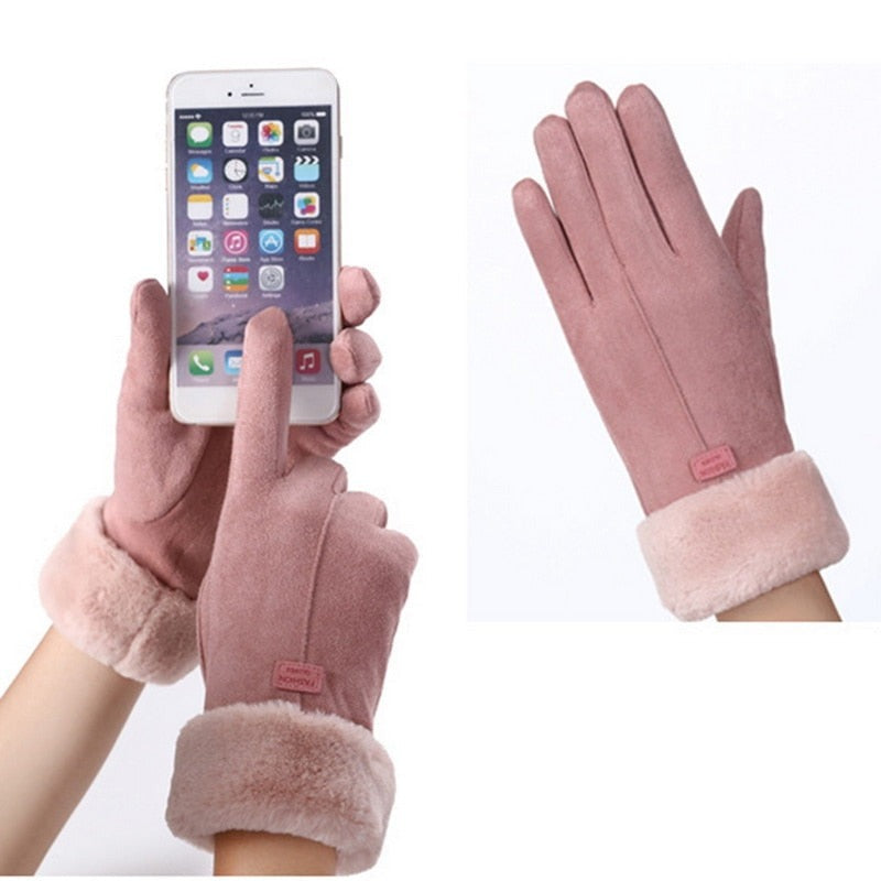 Cozy Warm Womens Gloves - Five-Finger Suede Fleece Winter