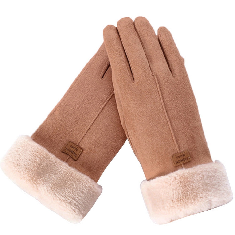 Cozy Warm Womens Gloves - Five-Finger Suede Fleece Winter
