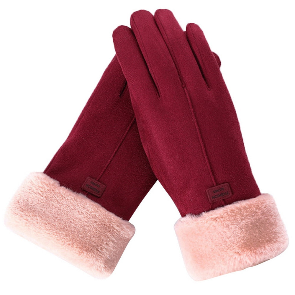 Cozy Warm Womens Gloves - Five-Finger Suede Fleece Winter