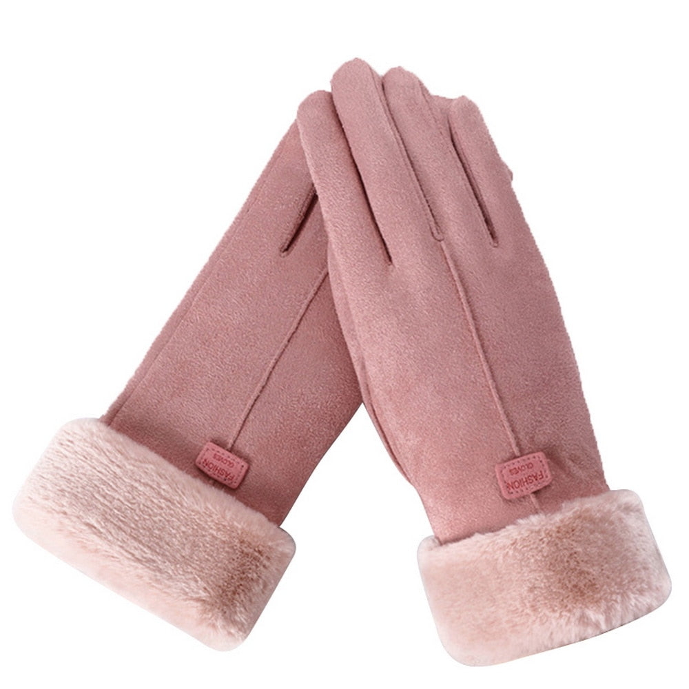 Cozy Warm Womens Gloves - Five-Finger Suede Fleece Winter