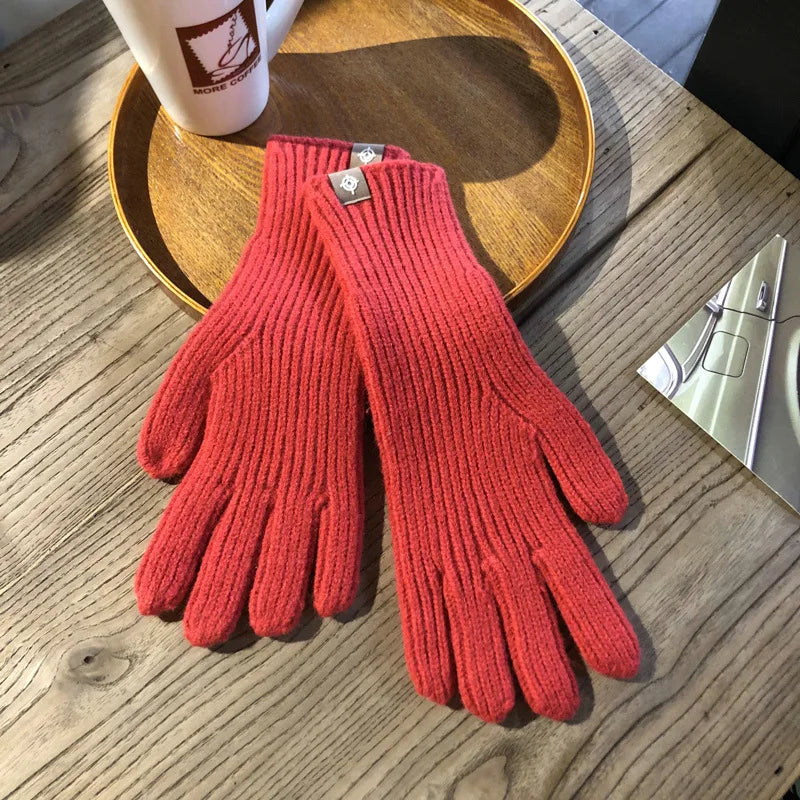 Women Warm Gloves - Ribbed Full Finger, Cotton Blend