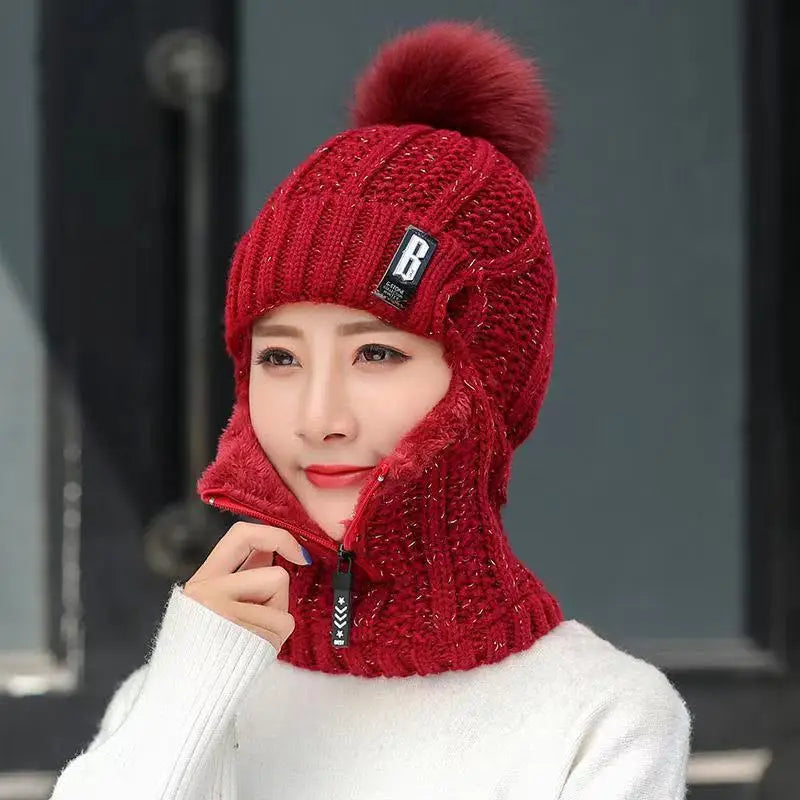 Women's Warm Knitted Balaclava - Ribbed Cotton Blend