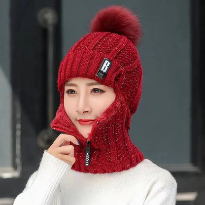 Women's Warm Knitted Balaclava - Ribbed Cotton Blend