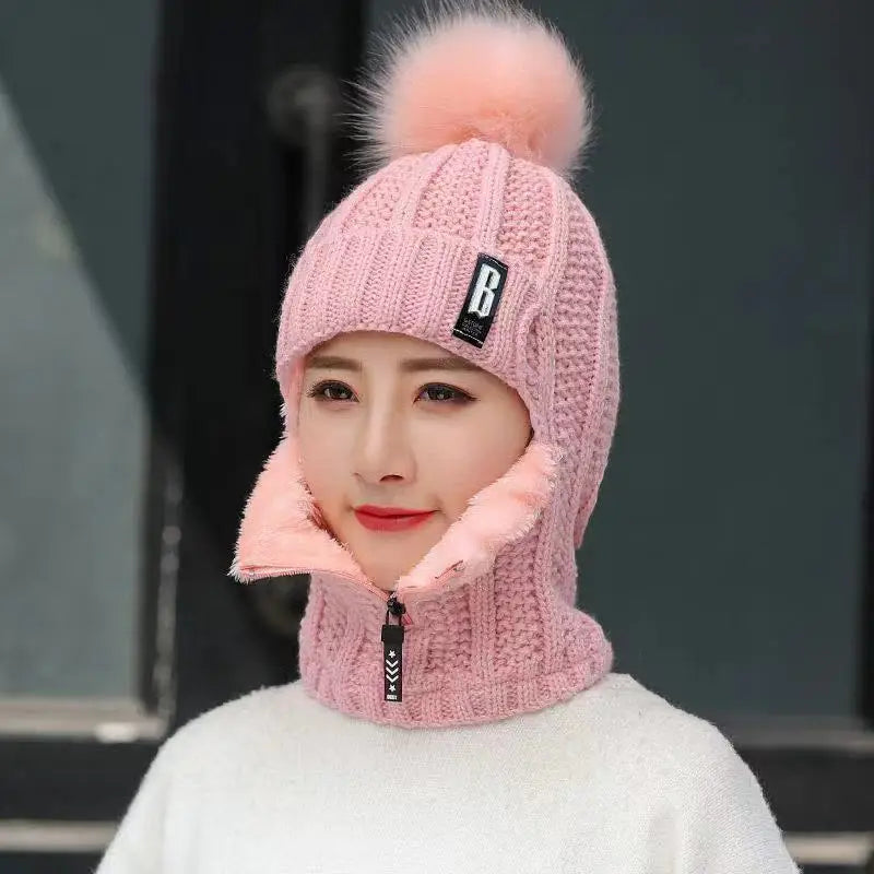 Women's Warm Knitted Balaclava - Ribbed Cotton Blend