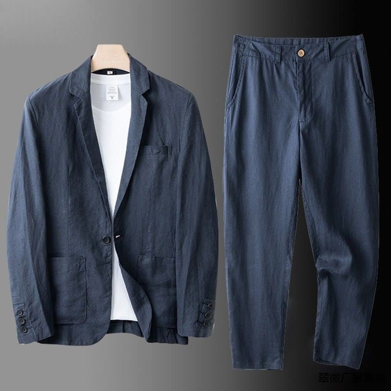 Variant image for Men's Linen Suit - Slim Fit 100% Breathable Linen Summer Shirt and Pants Set in Beige, Light Gray, Dark Blue-1