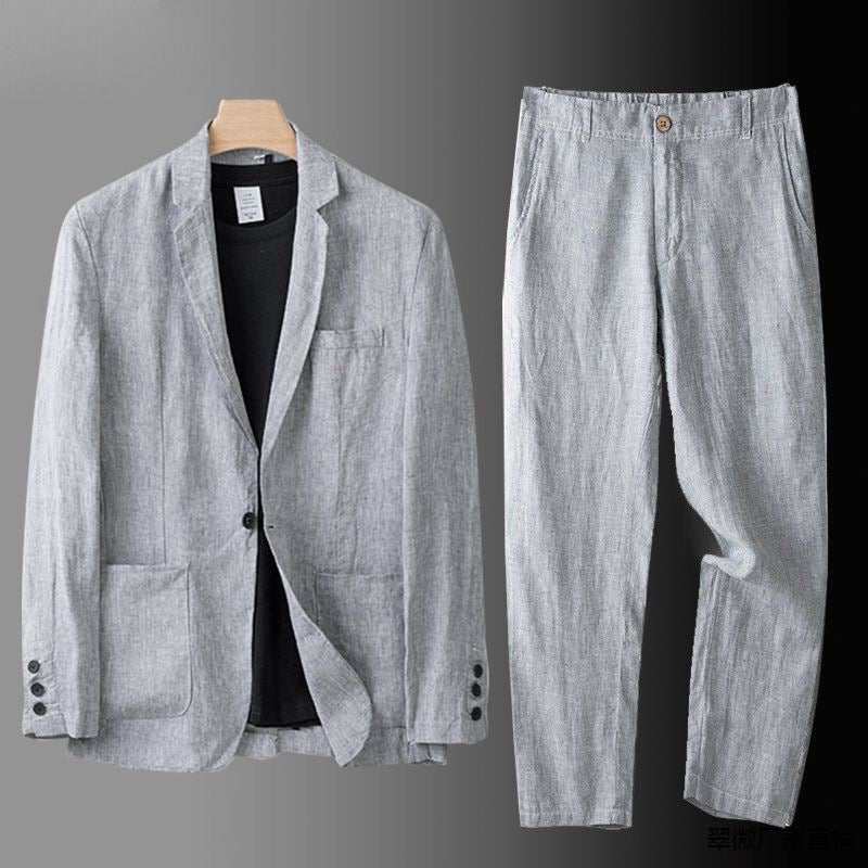 Men's Linen Suit - Slim Fit 100% Breathable Linen Summer Shirt and Pants Set in Beige, Light Gray, Dark Blue-3