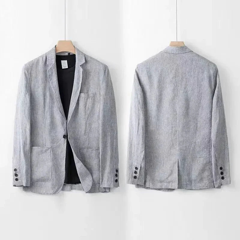 Men's Linen Suit - Slim Fit 100% Breathable Linen Summer Shirt and Pants Set in Beige, Light Gray, Dark Blue-5