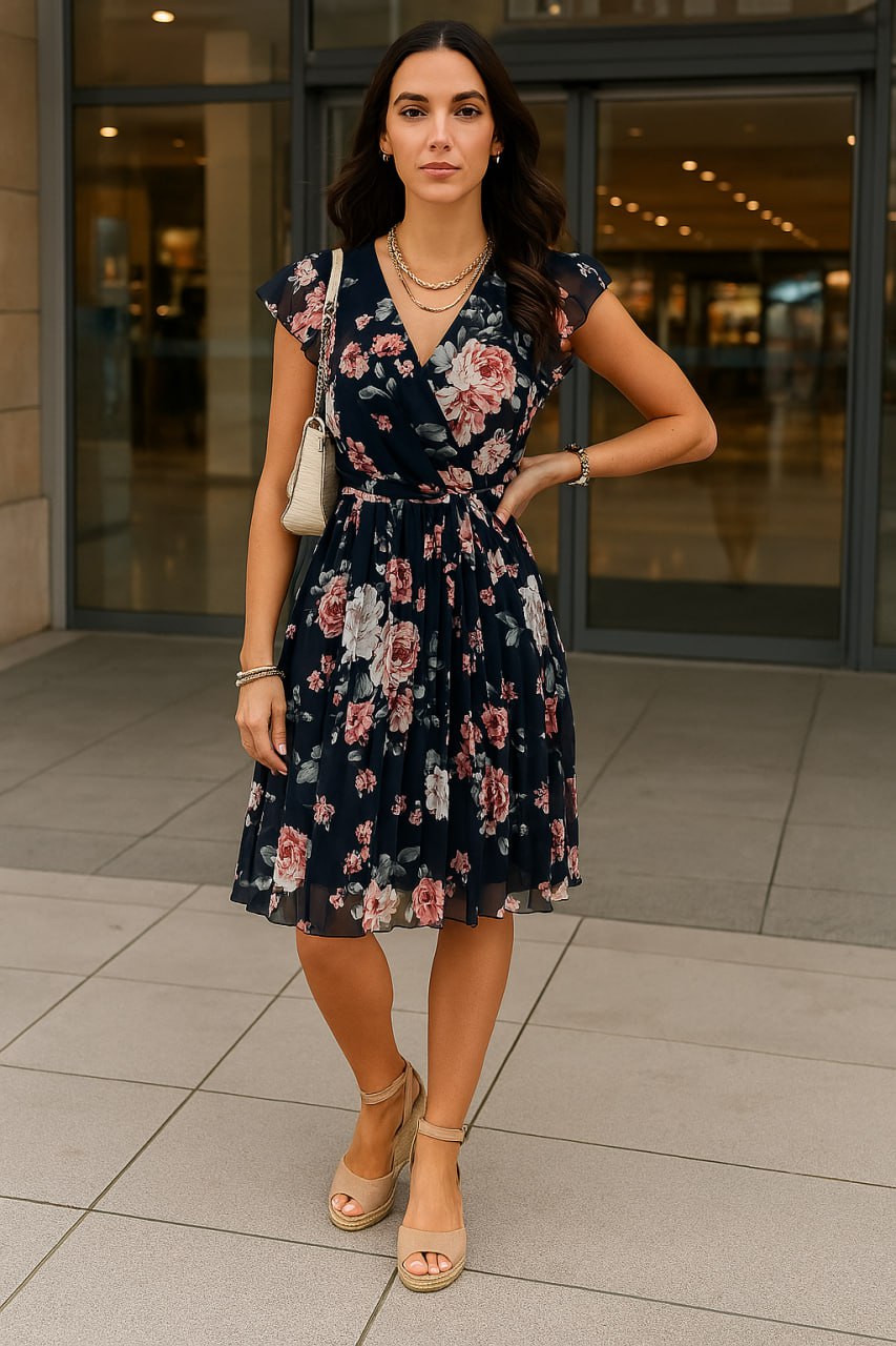 Elegant Floral Wrap Dress for Women - Lightweight Summer Wedding Guest Dress, Knee-Length Cocktail Dress-1