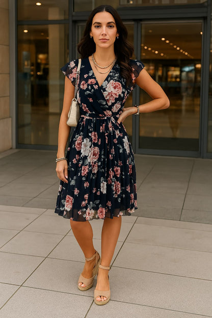 Variant image for Elegant Floral Wrap Dress for Women - Lightweight Summer Wedding Guest Dress, Knee-Length Cocktail Dress-1