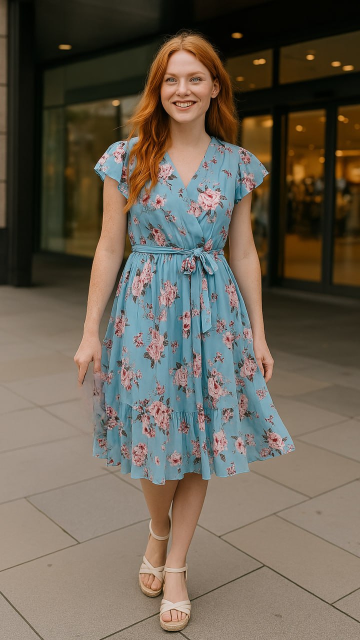 Variant image for Elegant Floral Wrap Dress for Women - Lightweight Summer Wedding Guest Dress, Knee-Length Cocktail Dress-19