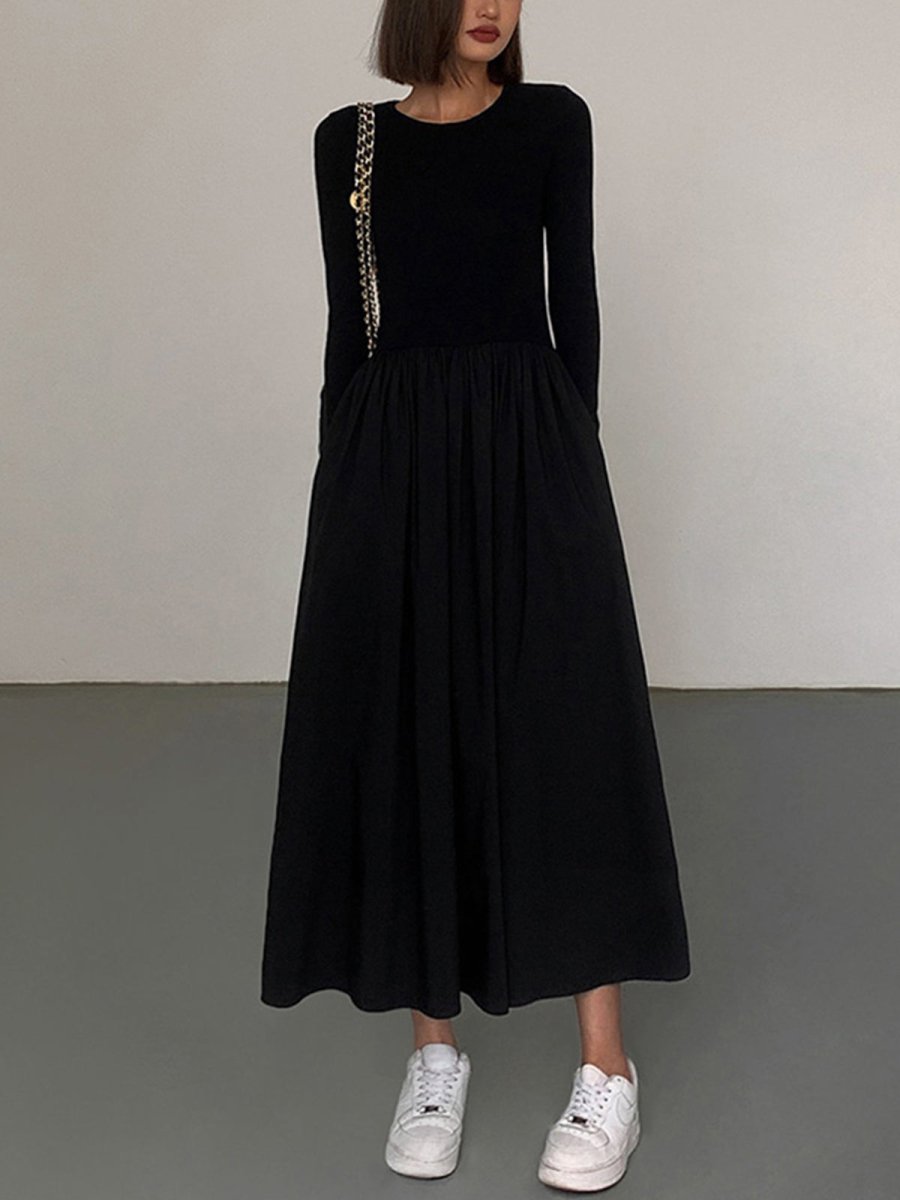 Long Sleeve Women's Dress with Pockets, Elegant Knee-Length Formal Dress for Work and Casual Events-1
