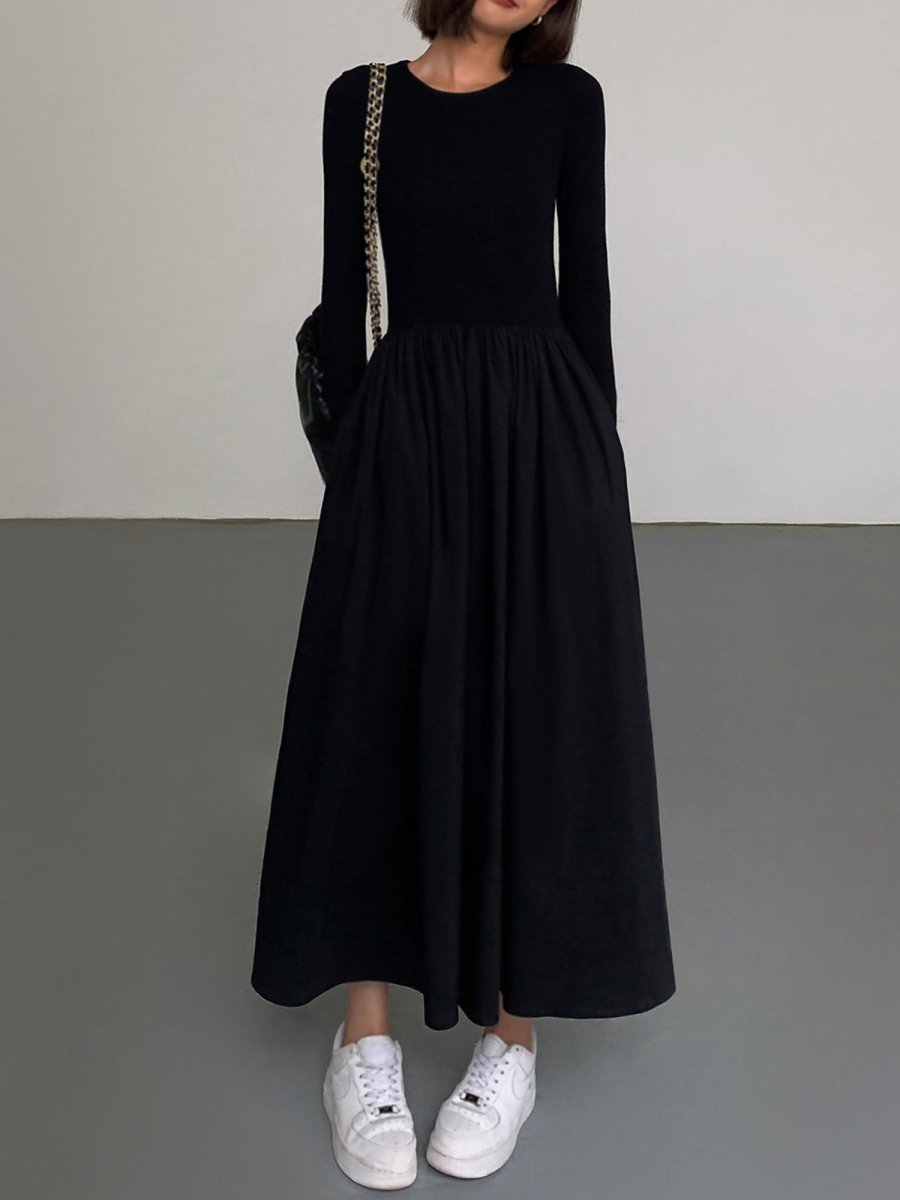 Long Sleeve Women's Dress with Pockets, Elegant Knee-Length Formal Dress for Work and Casual Events-2