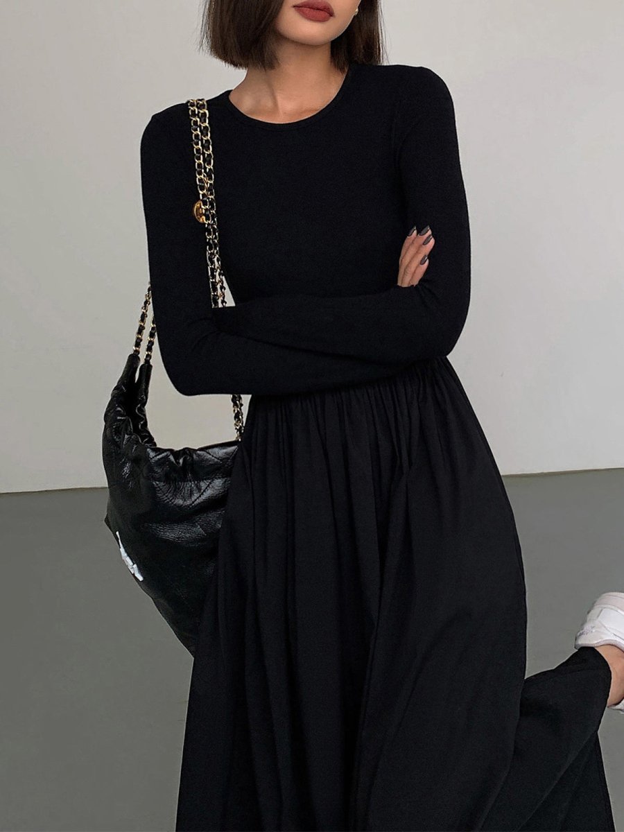 Long Sleeve Women's Dress with Pockets, Elegant Knee-Length Formal Dress for Work and Casual Events-4