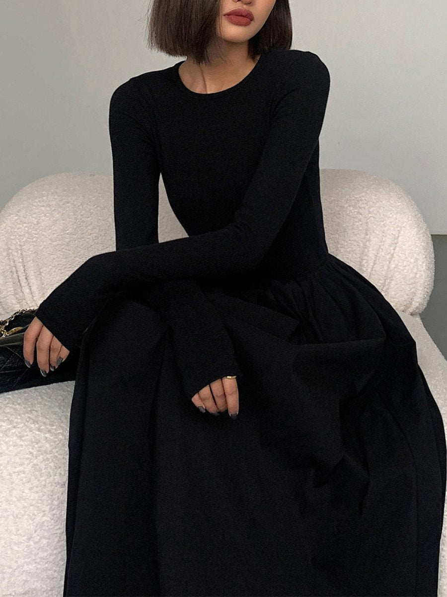 Long Sleeve Women's Dress with Pockets, Elegant Knee-Length Formal Dress for Work and Casual Events-5