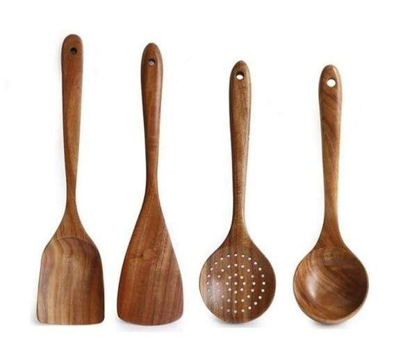 Top-Grade Non-Scratch Kitchen Tools, Handcrafted Teak for Long-Lasting Durability – 4pcs Teak Wooden Utensil Kit