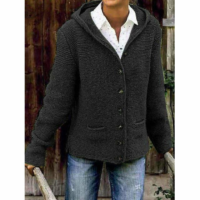 Plush Women's Hooded Knit Coat - Cotton Blend, For Fall