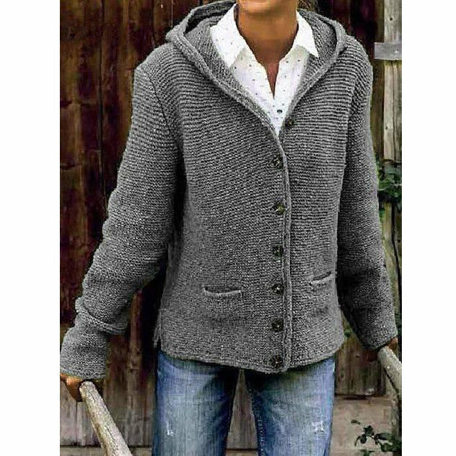Plush Women's Hooded Knit Coat - Cotton Blend, For Fall