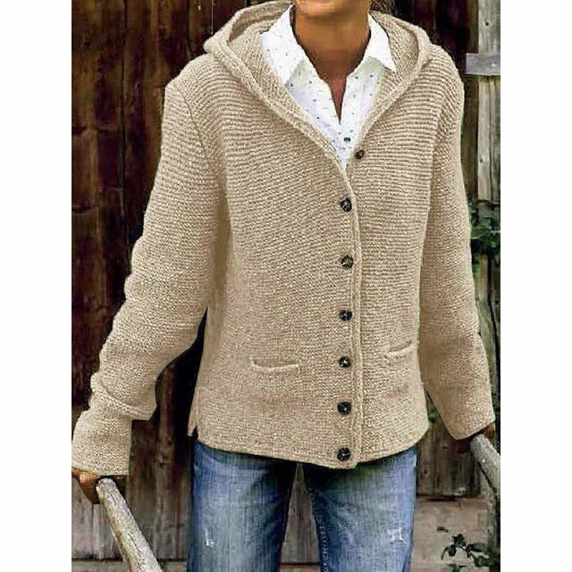 Plush Women's Hooded Knit Coat - Cotton Blend, For Fall