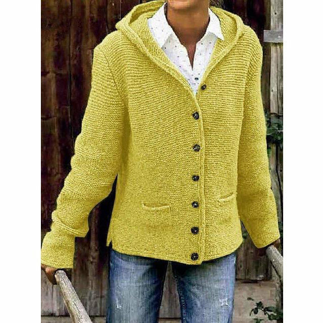 Plush Women's Hooded Knit Coat - Cotton Blend, For Fall